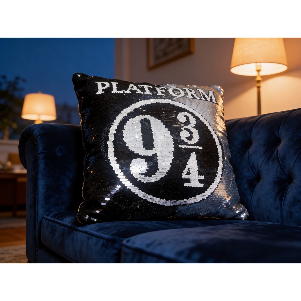 Harry Potter Platform 9 3/4 Reversible Sequin Throw Pillow Black Silver 16x16‎